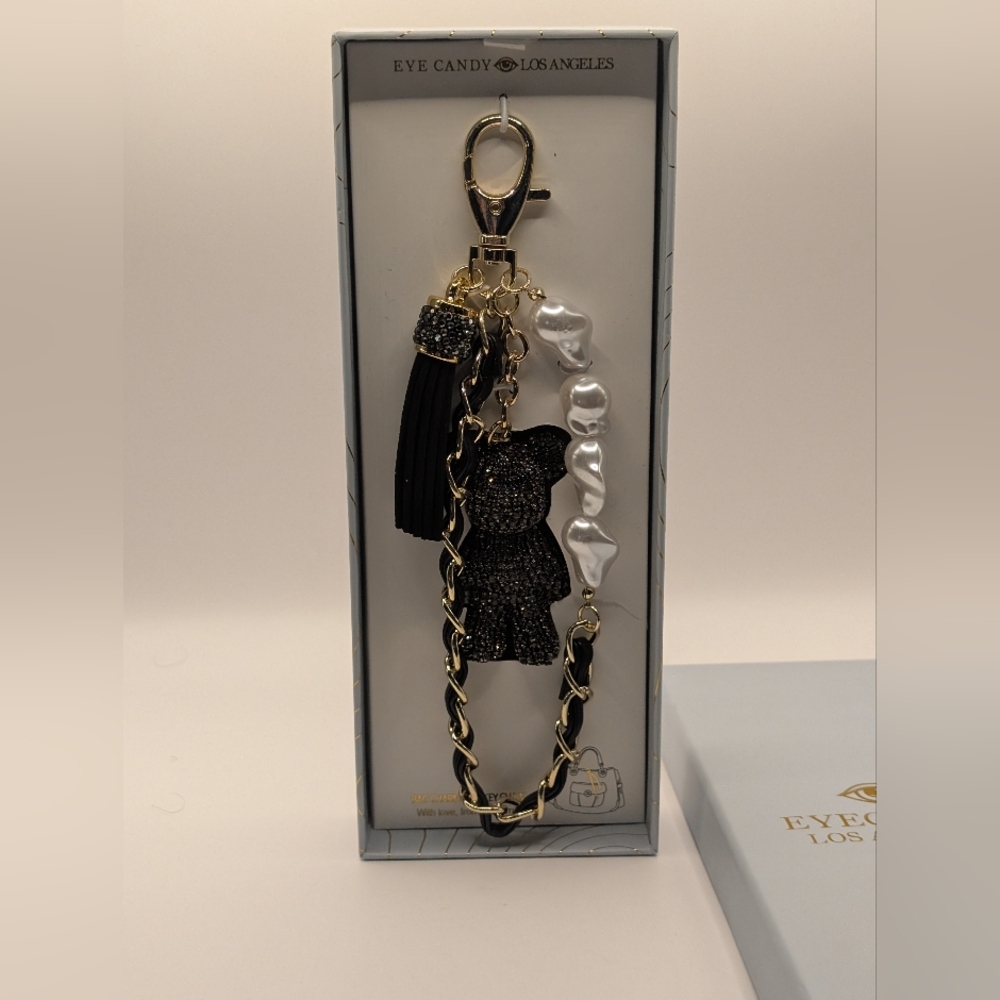 NWT - Eye Candy Black, Gold, Pearl Bear Keychain/Bag Charm